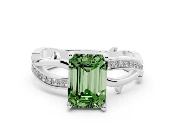 Fancy Green Emerald Cut Solitaire Twist Band with Pavé Accents and Four-Prong Setting Platinum