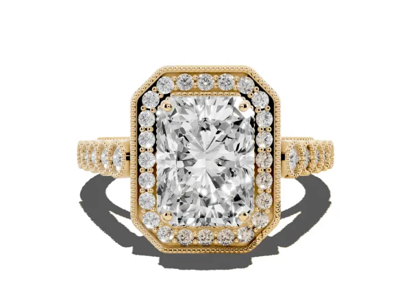 Radiant Cut Halo Milgrain Solitaire with Bezel Set Side Stones and Pave Band Yellow gold