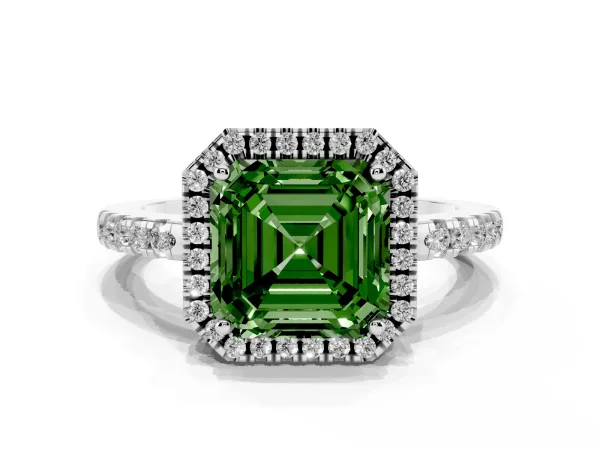 Fancy Green Asscher Cut Halo Diamond Engagement Ring with Pavé Band and Four-Prong Setting White gold