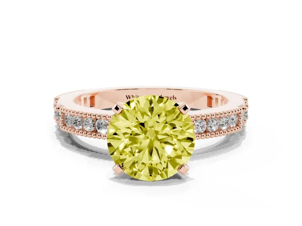 Fancy Yellow Round Cut Solitaire with Pavé Band and Four-Prong Setting Rose gold
