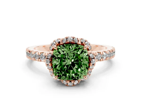 Fancy Green Cushion Cut Halo Diamond Pave Band Ring with Four-Prong Setting Rose gold