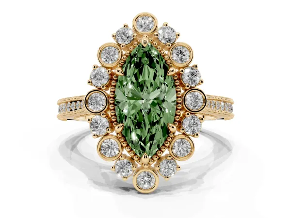 Fancy Green Marquise Cut Halo Milgrain Pave Diamond Ring with Four-Prong Setting Yellow gold