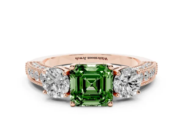 Fancy Green Asscher Cut Three-Stone Diamond Ring with Pavé Band and Four-Prong Setting Rose gold