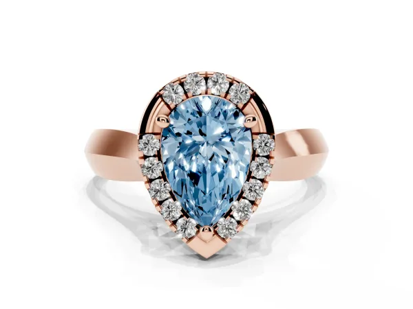 Fancy Blue Pear Cut Cut Halo Solitaire Engagement Ring with Square Band and Four-Prong Setting Rose gold