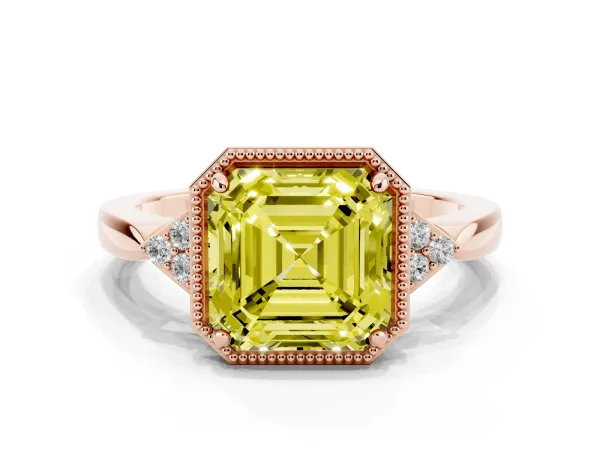 Fancy Yellow Asscher Cut Diamond Halo Ring with Tapered Band and Four-Prong Setting Rose gold