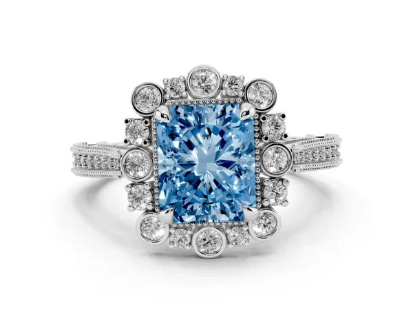 Fancy Blue Radiant Cut Halo Milgrain Pave Diamond Ring with Four-Prong Setting Platinum