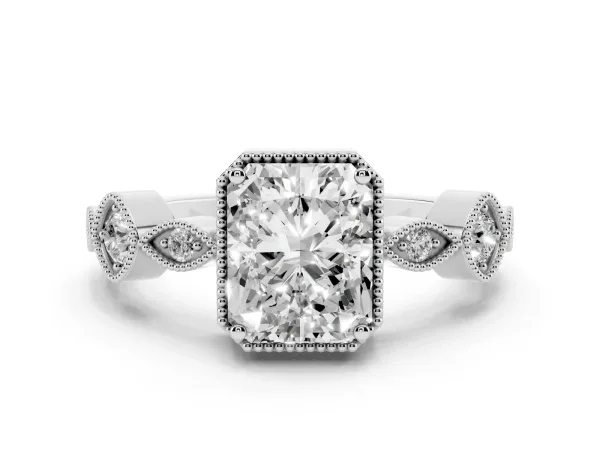 Radiant Cut Diamond Vintage Milgrain Ring with Round Stations White gold