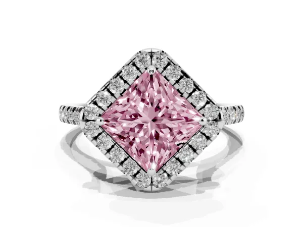 Fancy Pink Princess Cut Diamond Cushion Halo Ring with Pavé Band Platinum