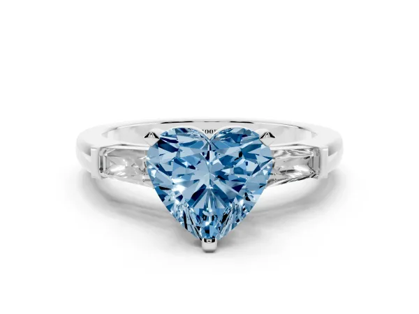 Fancy Blue Heart Cut Solitaire with Tapered Baguette Side Stones on a Classic Band with Four-Prong Setting White gold