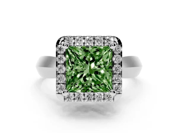 Fancy Green Princess Cut Cut Halo Solitaire Engagement Ring with Square Band and Four-Prong Setting Platinum