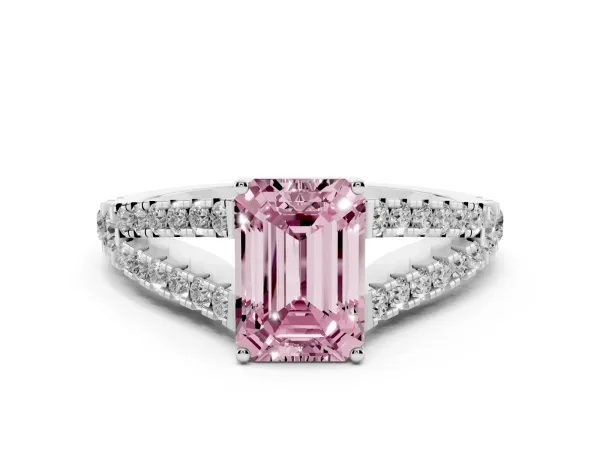 Fancy Pink Emerald Cut Diamond Split Shank Pavé Engagement Ring with Four-Prong Setting White gold