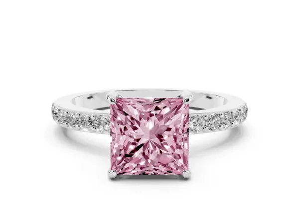 Fancy Pink Princess Cut Diamond Solitaire Engagement Ring with Pavé Band and Four-Prong Setting Platinum