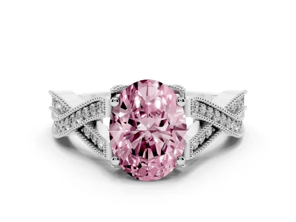 Fancy Pink Oval Cut Cut Diamond Twisted Band with Milgrain Pave Setting and Four-Prong Setting White gold