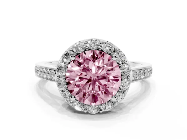 Fancy Pink Round Cut Diamond Floral Halo Ring with Pavé Band and Prong Setting Platinum
