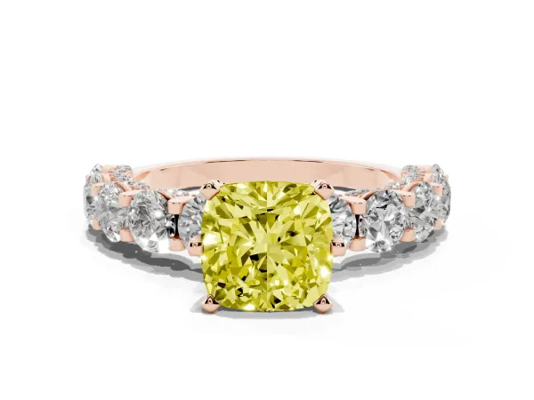 Fancy Yellow Cushion Cut Diamond Side Stone Engagement Ring with Four-Prong Setting Rose gold