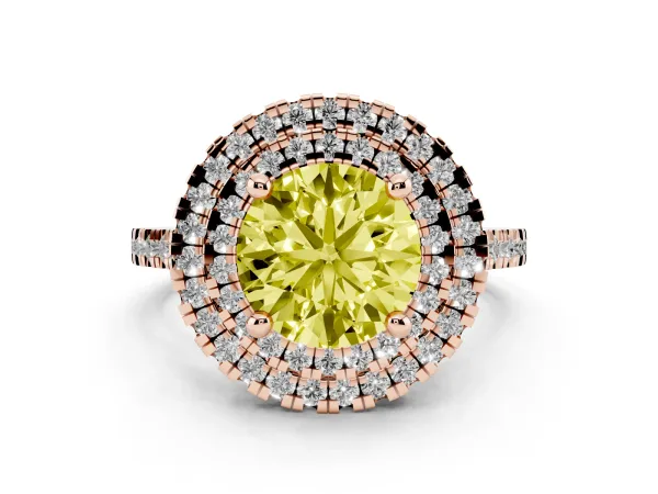 Fancy Yellow Double Halo Round Cut Diamond Pavé Band with Four-Prong Setting Rose gold