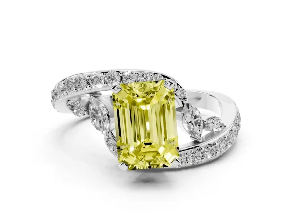 Fancy Yellow Emerald Cut Solitaire with Pavé Twist Band and Four-Prong Setting Platinum