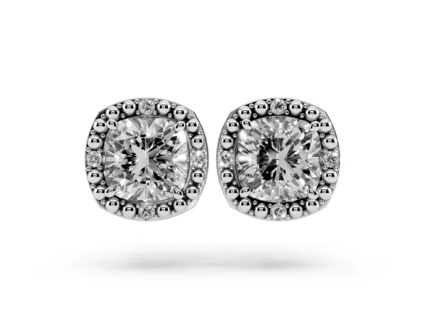 Cushion Diamond Beaded Halo Stud Earrings Platinum