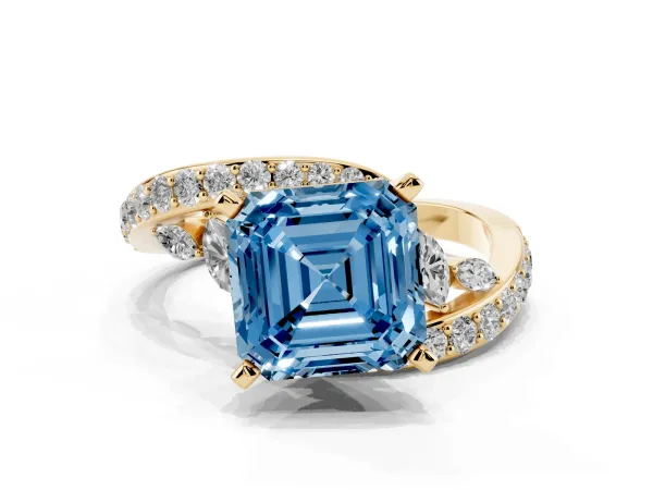 Fancy Blue Asscher Cut Solitaire with Pavé Twist Band and Four-Prong Setting Yellow gold