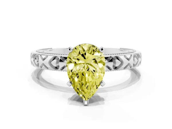 Fancy Yellow Pear Cut Solitaire Diamond Engagement Ring with XO Engraved Band and Four-Prong Setting Platinum