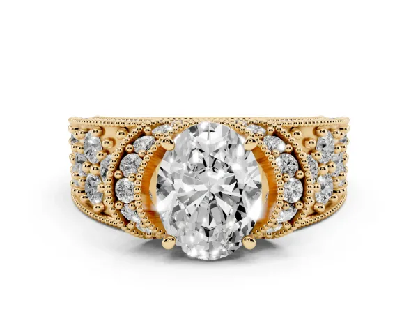 Oval Cut Halo Pave Diamond Engagement Ring with Milgrain Detailing Yellow gold