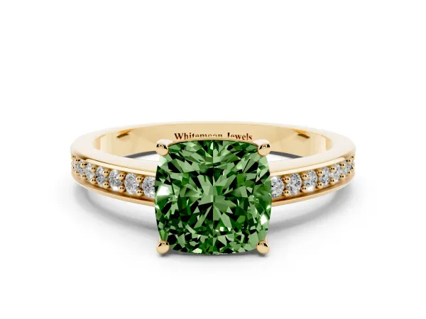 Fancy Green Cushion Cut Solitaire Pavé Band Prong Setting Ring Yellow gold