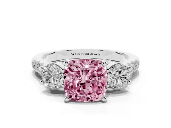 Fancy Pink Three-Stone Cushion Cut Diamond Pavé Band with Four-Prong Setting White gold