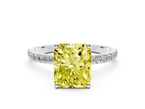 Fancy Yellow Radiant Cut Diamond Solitaire Ring with Round Pavé Shoulders and Prong Setting White gold