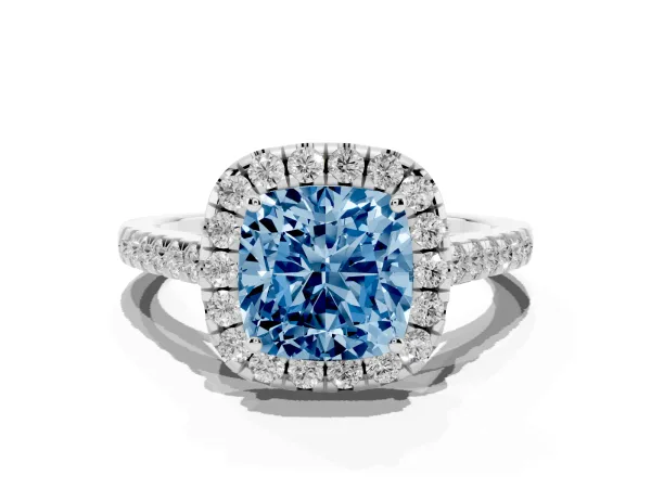 Fancy Blue Cushion Cut Halo Pave Diamond Engagement Ring with Four-Prong Setting Platinum