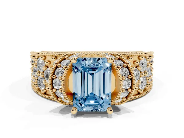 Fancy Blue Emerald Cut Halo Pave Diamond Engagement Ring with Milgrain Detailing Yellow gold