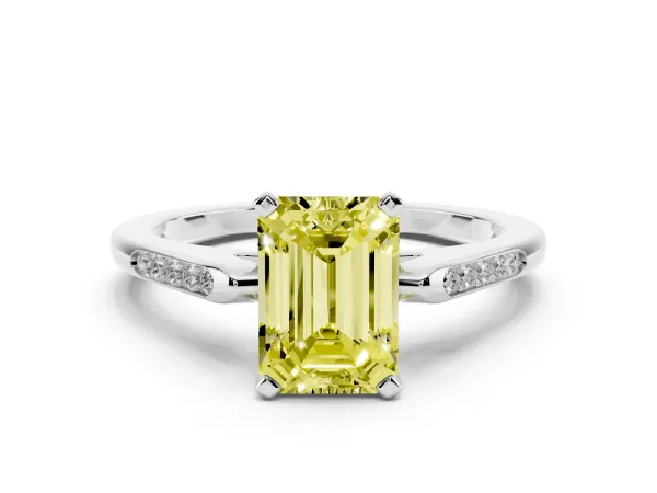 Fancy Yellow Emerald Cut Diamond Solitaire Ring with Channel Set Round Band and Prong Setting White gold