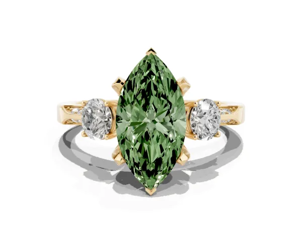 Fancy Green Marquise Cut Brilliant Three-Stone Diamond Ring with Pavé Band and Four-Prong Setting Yellow gold
