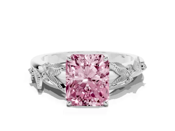 Fancy Pink Radiant Cut Diamond Solitaire Ring with Leaf Motif Band and Four-Prong Setting Platinum