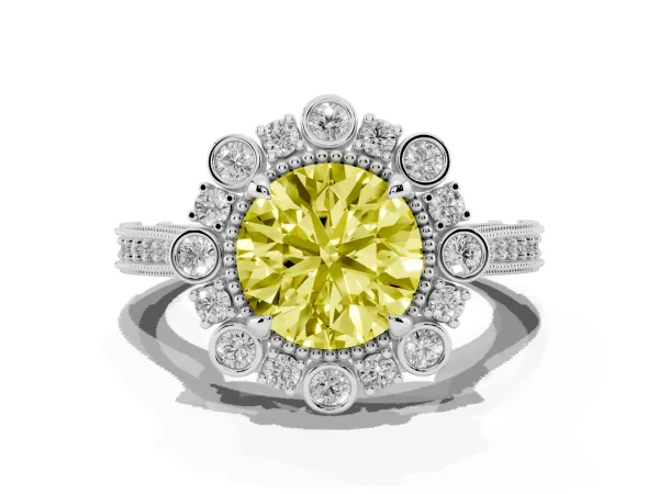 Fancy Yellow Round Cut Halo Milgrain Pave Diamond Ring with Four-Prong Setting Platinum