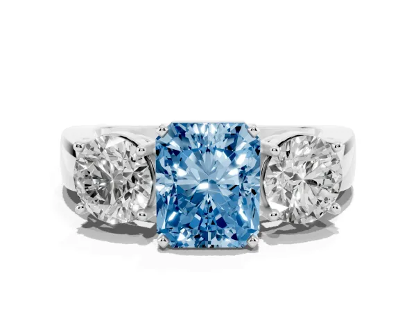 Fancy Blue Three-Stone Radiant Cut Diamond Ring with Round Side Stones, Classic Band, and Four-Prong Setting White gold