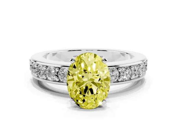 Fancy Yellow Oval Cut Diamond Engagement Ring with Channel Set Round Band and Prong Setting White gold