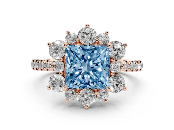 Fancy Blue Princess Cut Diamond Floral Halo Ring with Round Pavé Band and Prong Setting Rose gold