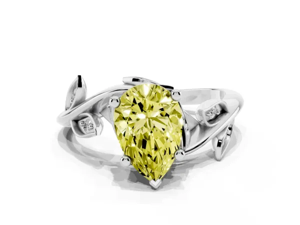Fancy Yellow Pear Cut Solitaire Twist Engagement Ring with Leaf Accents and Prong Setting White gold