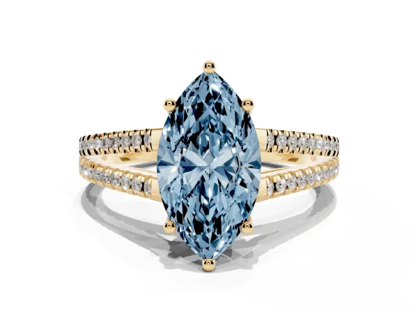 Fancy Blue Marquise Cut Diamond Solitaire Engagement Ring with Split Shank Pavé Band Yellow gold