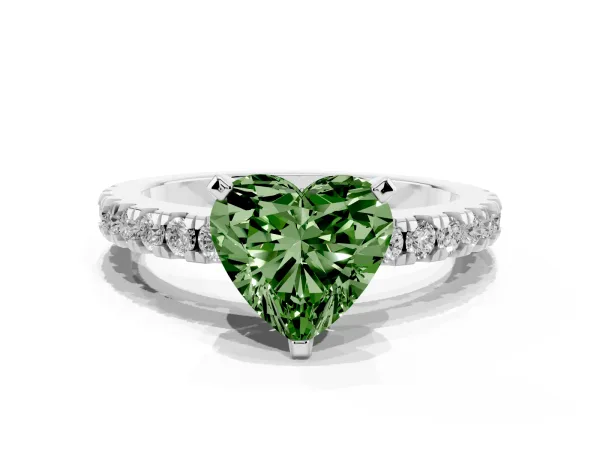 Fancy Green Heart Cut Solitaire Diamond with Pavé Band and Four-Prong Setting Platinum