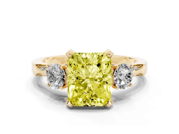 Fancy Yellow Radiant Cut Brilliant Three-Stone Diamond Ring with Pavé Band and Four-Prong Setting Yellow gold