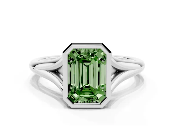 Fancy Green Bezel Set Emerald Cut Cut Solitaire Ring with Tapered Band Platinum
