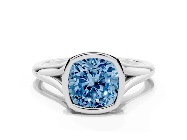 Fancy Blue Bezel Set Cushion Cut Cut Solitaire Ring with Tapered Band Platinum