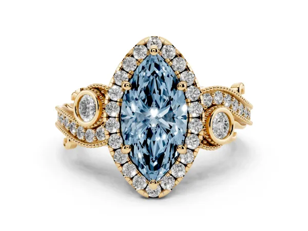 Fancy Blue Marquise Cut Halo Diamond Ring with Milgrain and Bezel Accents on a Split Shank Band Yellow gold