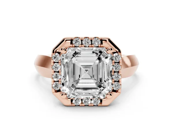 Asscher Cut Cut Halo Solitaire Engagement Ring with Square Band and Four-Prong Setting Rose gold
