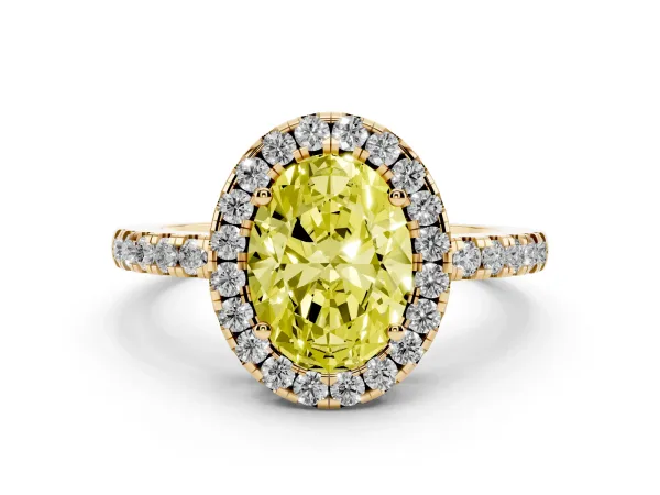 Fancy Yellow Oval Cut Halo Diamond Engagement Ring with Pavé Band and Four-Prong Setting Yellow gold