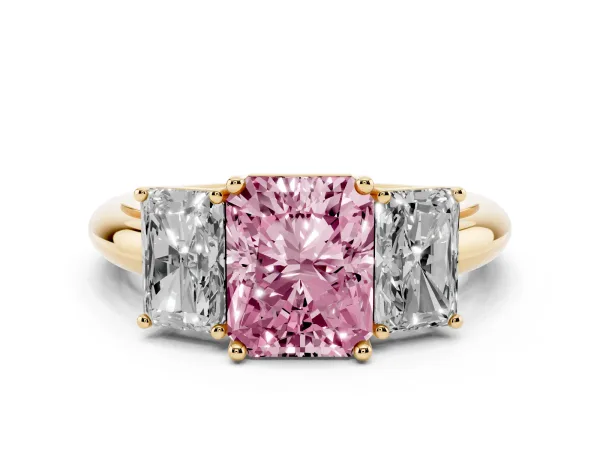 Fancy Pink Three-Stone Radiant Cut Cut Diamond Engagement Ring with Prong Setting on a White Gold Band Yellow gold