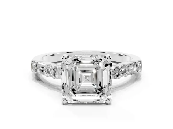 Asscher Cut Diamond Solitaire with Side Baguettes and Channel Set Band Platinum
