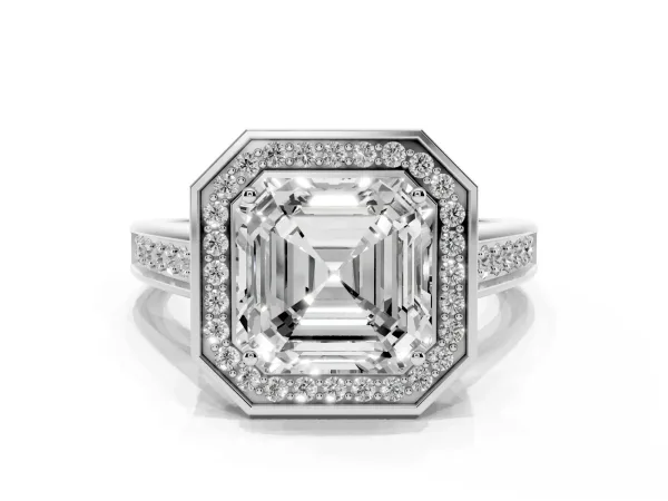 Asscher Cut Halo Solitaire Diamond Ring with Pave Band and Bezel Setting White gold