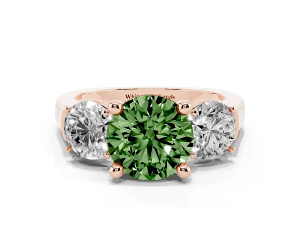 Fancy Green Three-Stone Round Cut Brilliant Diamond Trellis Ring with Comfort Fit Band Rose gold